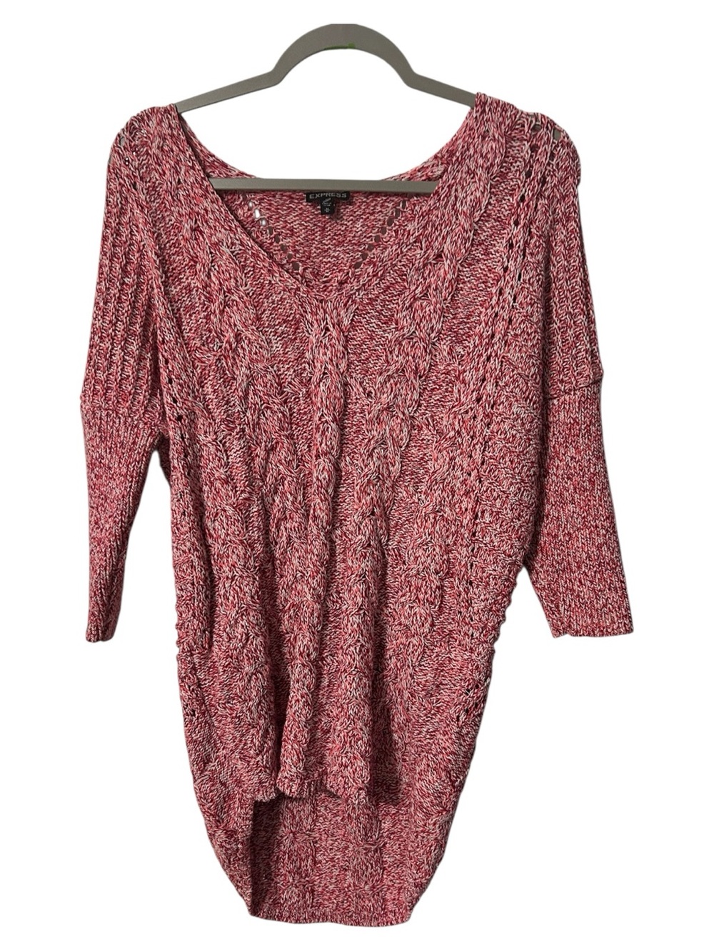 Express Marled Pink & White Chunky Cable Knit V-Neck Tunic Sweater Size M